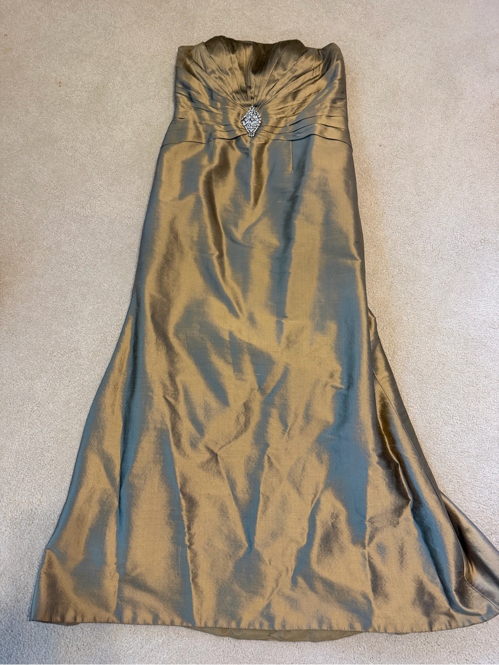 Strapless Metallic Bronze Evening Gown with Embellished Detail
